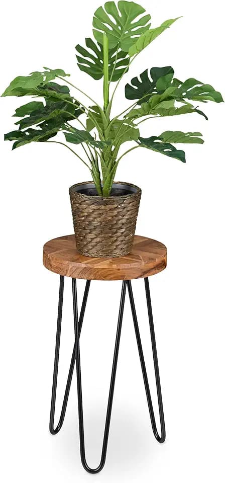 Relaxdays Blumenhocker, Akazienholz, rund, für Blumentöpfe, Pflanzkübel, Retro Blumenständer HD: 42x25 cm, braun/schwarz