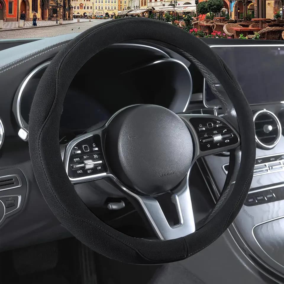 Black Suede Steering Wheel Cover Universal 14.5 inch to 15 inch