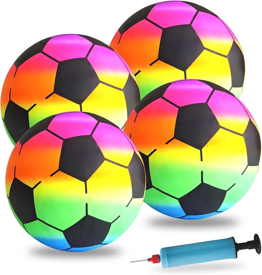4 Stück Regenbogen Ball Kinder, PVC Fussball Kinder und Erwachsene, Aufblasbaren Bälle mit Pumpe, 21cm Kinderball Regenbogenball Wasserball, Fußball für Innen und Außen Spielball Kinders