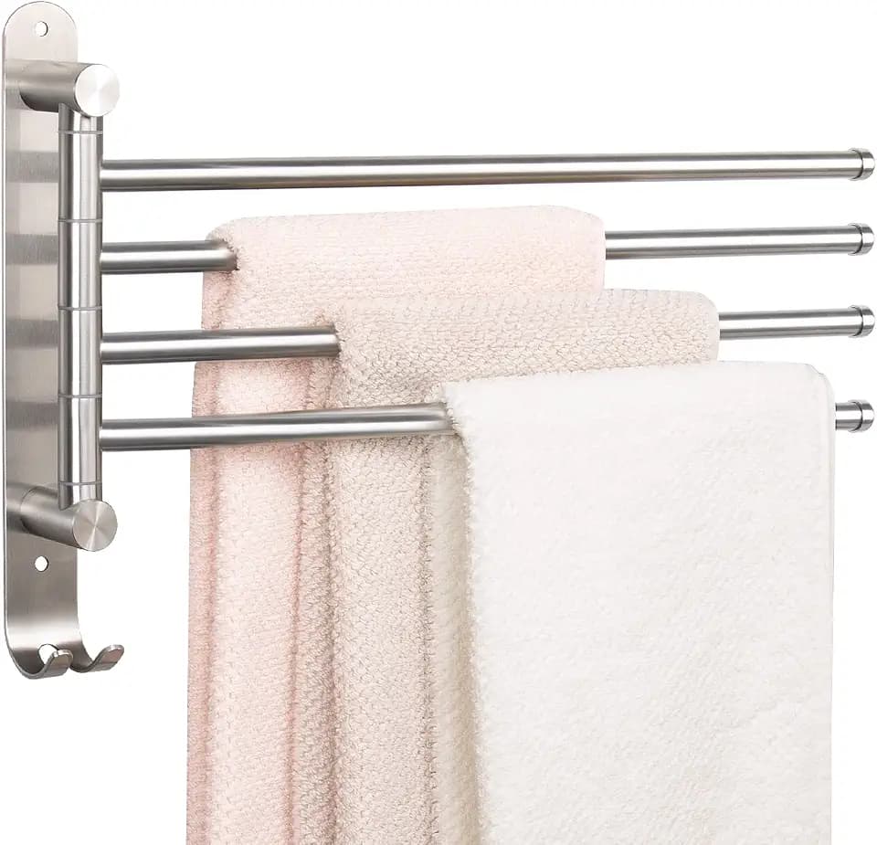 NearMoon Drehbarer Handtuchhalter, dicker SUS304 Edelstahl 4-Arm Handtuchstange, platzsparend, wandmontierter Handtuchhalter mit Haken, rostfrei, schwenkbar, für Badezimmer, Küche (gebürstetes Nickel)
