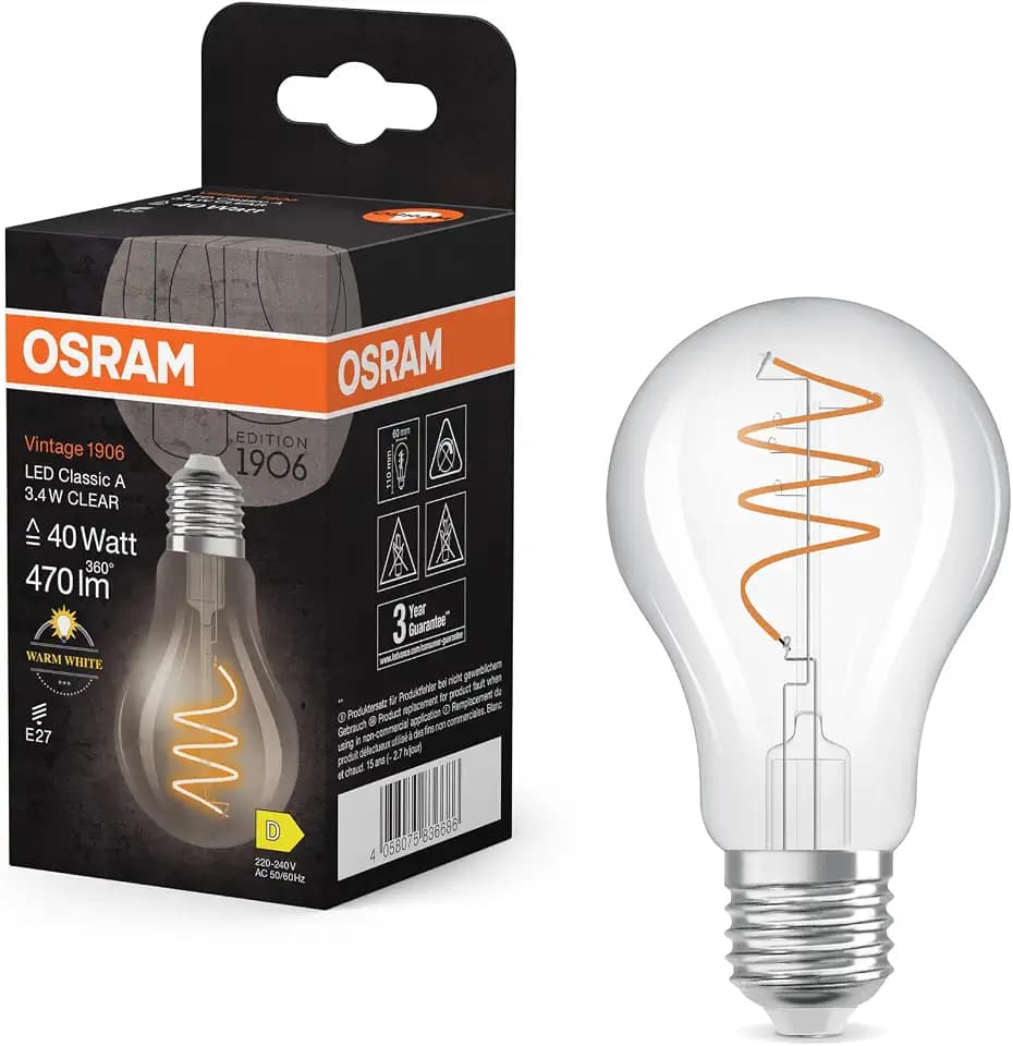 Osram Vintage 1906 Classic ist eine warmweiße LED-Lampe mit spiralförmigem Filament in klassischer Kolbenform. Sie bietet 3.4 W für 470 lm, E27 Fassung, klarfarbenes Glas, 60 mm Durchmesser, 2700 K.
