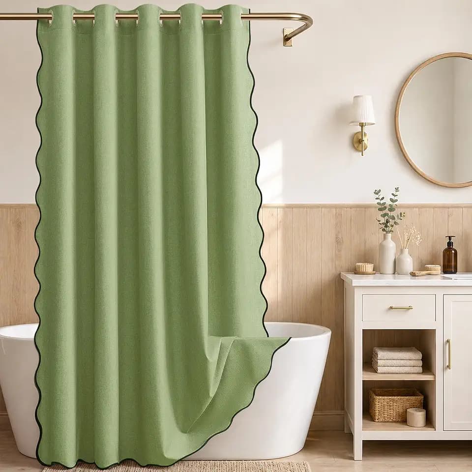 Furlinic Sage Green Scalloped Shower Curtain No Hook Farmhouse Linen 72x78
