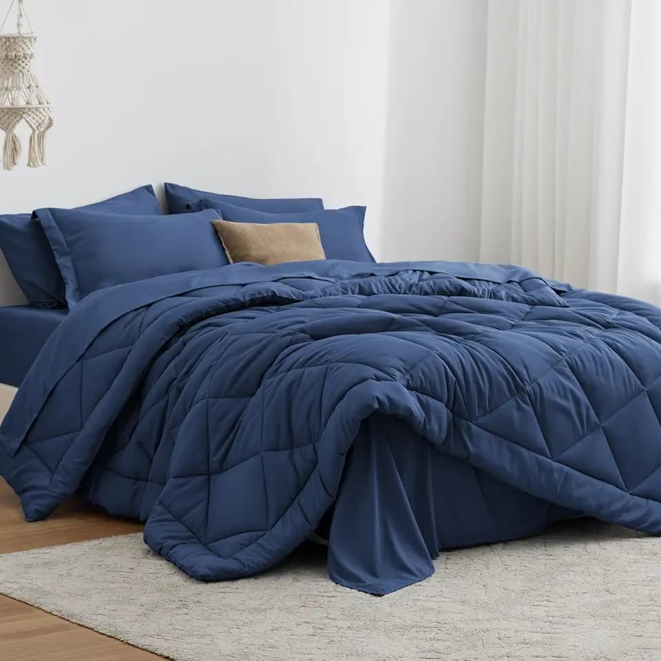 Love's cabin King Size Comforter Set Dark Blue, 7 Pieces King Bed in a Bag, All Season Bedding Sets with 1 Comforter, 1 Flat Sheet, 1 Fitted Sheet, 2 Pillowcase and 2 Pillow Sham
