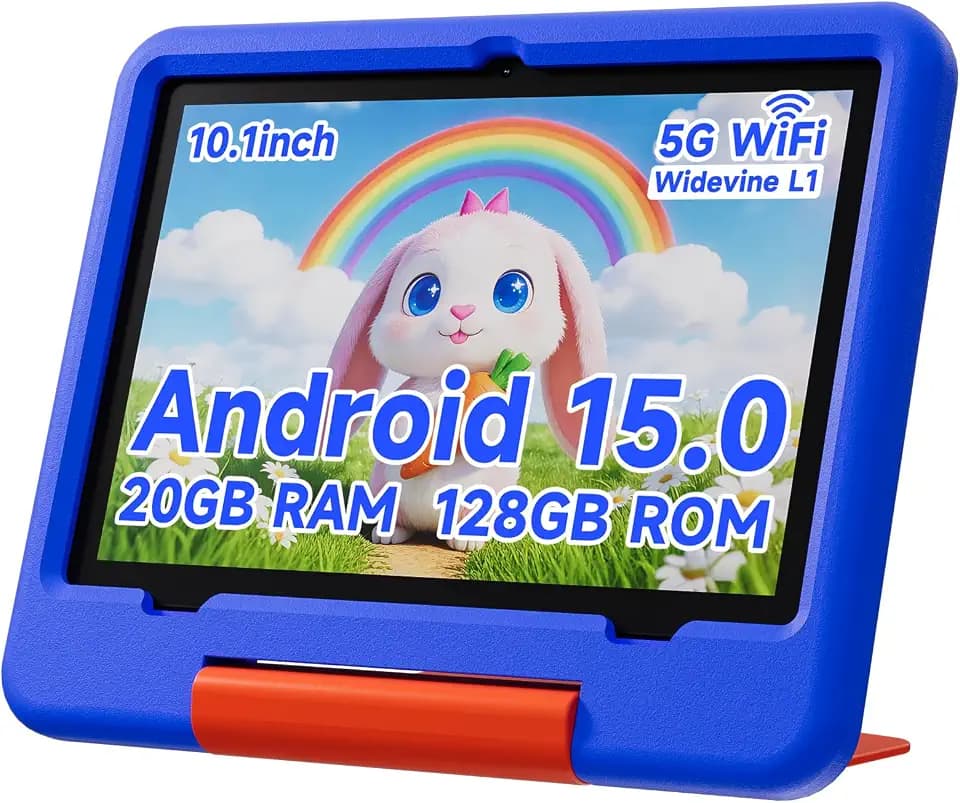 PEICHENG Tablet for Kids with EVA Protective Case, Android 15.0 Toddler Tab PC 10.1Inch RAM 20GB(4+16Expand) + ROM 128GB IPS 800 * 1280 5.0Bluetooth (Blue)