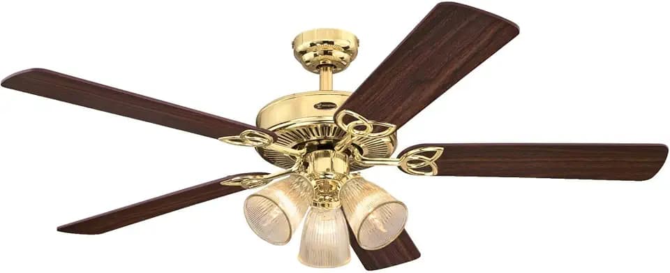 Westinghouse 7233800 Vintage Ceiling Fan with Light, 52 in., Polished Brass