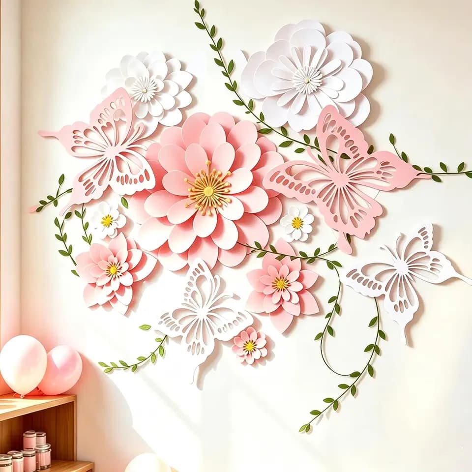 Paper Flower Decoration for Wall 3D Paper Butterfly Flower Bulletin Board Decor Pink White Artificial Flower Backdrop Wall Decor Green Leaves Vine for Classroom Office Spring Garden Tea Women Birthday
