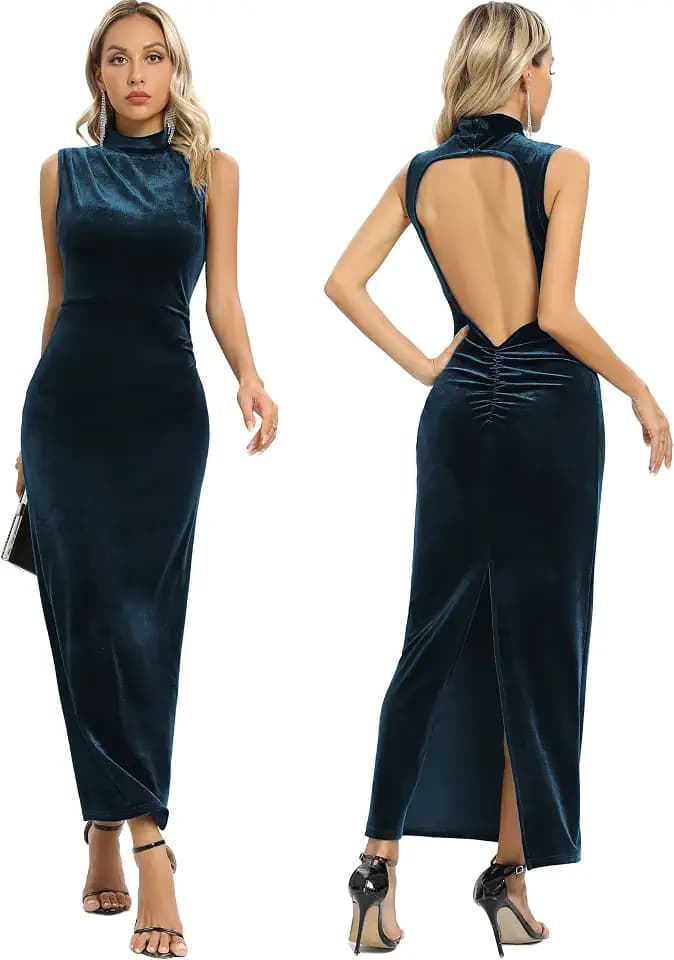 Women Backless Velvet Bodycon Maxi Dress High Neck Ruched Slit Party Dress