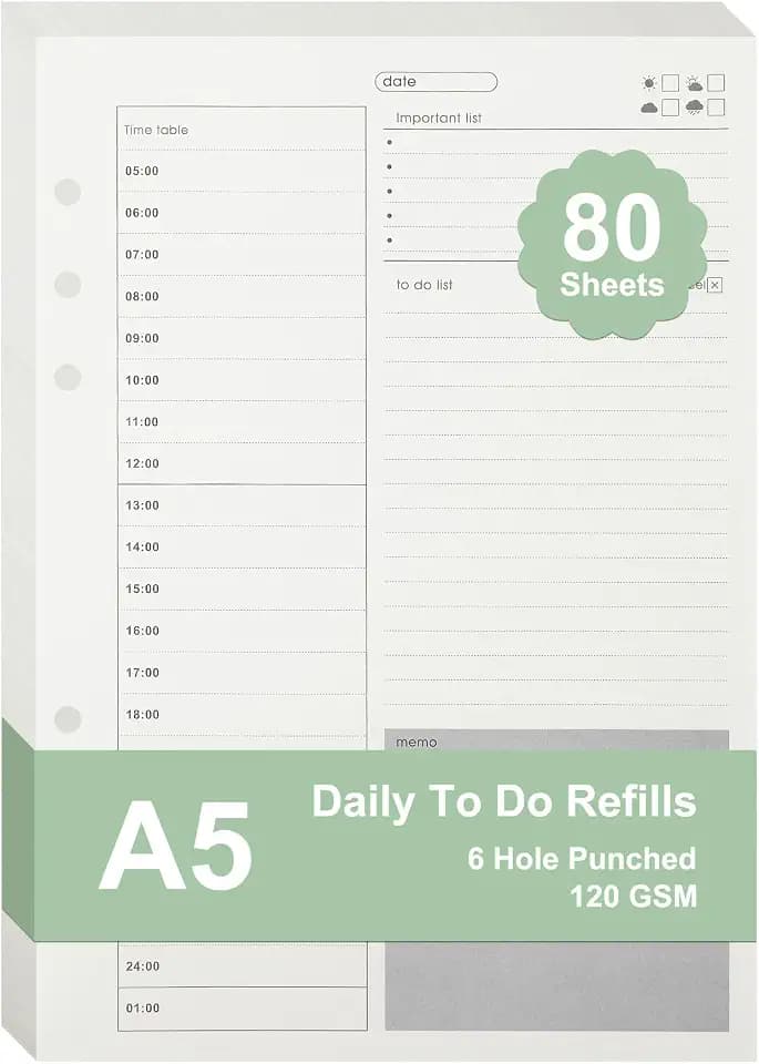 Koqye A5 Undated Daily Planner Inserts 6 Ring 120gsm Binder Refill Paper
