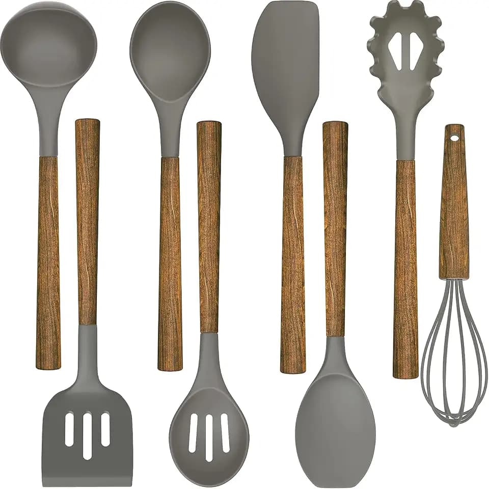 8-Teiliges Küchenhelfer Set, Silikon Küchenutensilien mit Holzgriff-Grau