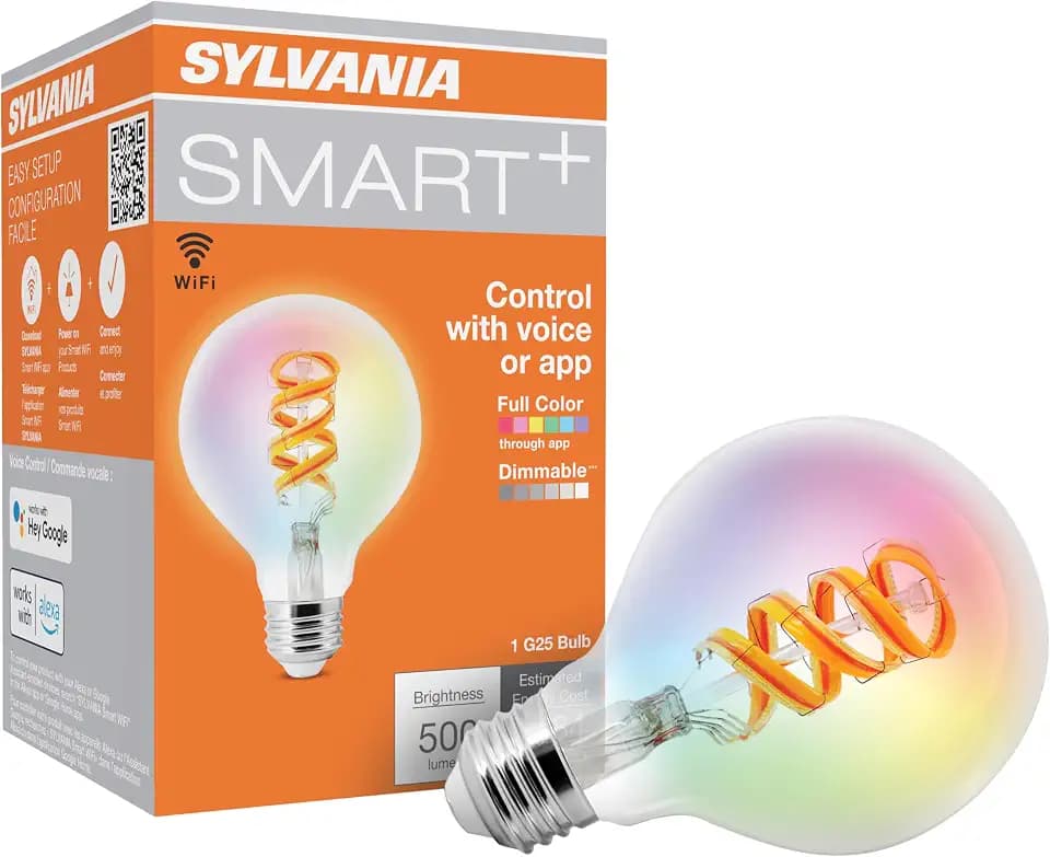 Sylvania WiFi LED Smart G25 RGBW Color and Amber Finish Filament Light Bulb, 7W Efficient, for Alexa/Google Assistant, 2000K, No Hub Required, Clear - 1 Pack (75808)