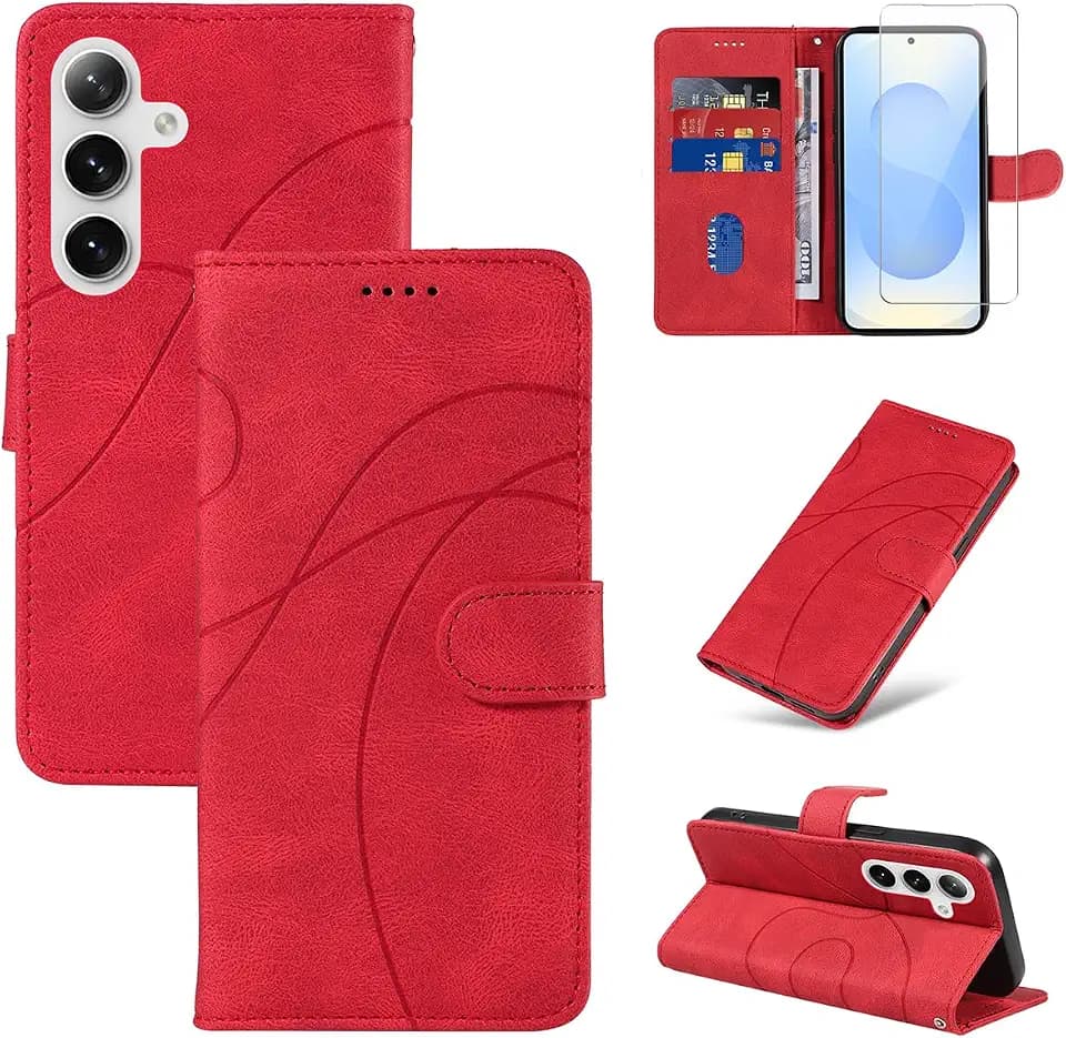 Handyhülle für Samsung Galaxy S25 5G Hülle mit 1 Stück Gehärtetes Glas Schutzfolie Displayschutzfolie, Standfunktion und Kartenfach Schutzhülle (Rot)