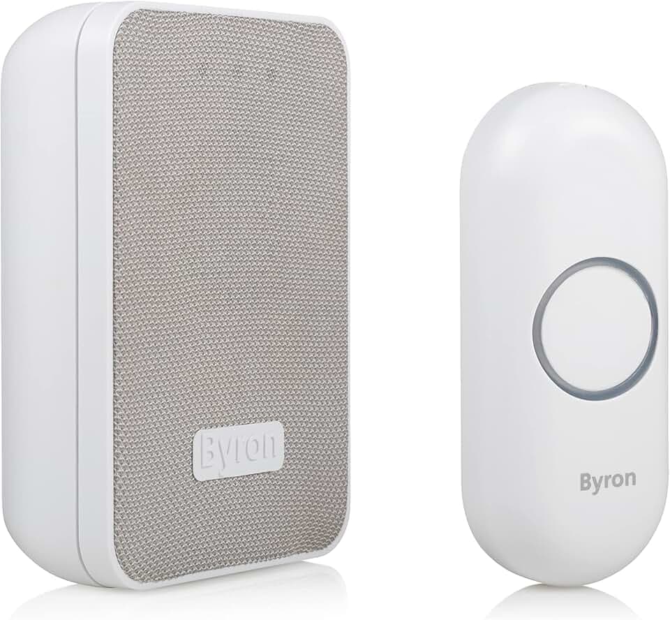 Byron DBY-22321 Funk-Türklingel-Set, 16 Melodien & bis zu 150 m Reichweite, bis zu 6 Klingeln anschließbar, 5 Stufen Lautstärke, Klingel und Klingeltaster mit Batterie, weiß