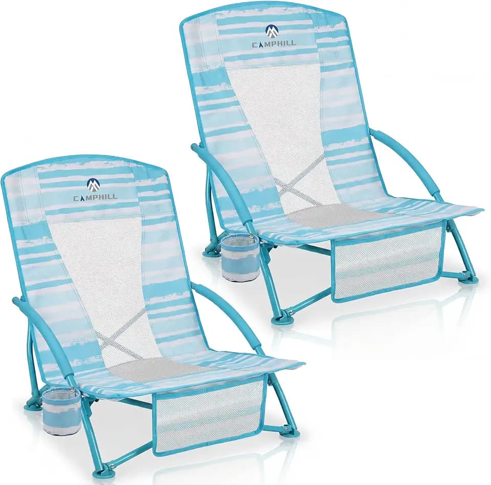 Low Beach Chairs 2 Pack,Folding Compact Low Seat Chairs for Adults w/Mesh Back,Cup Holder & Storage Bag,Heavy Duty Chair for Outdoor Sand,Travel,Camping,Picnic,Blue Strip