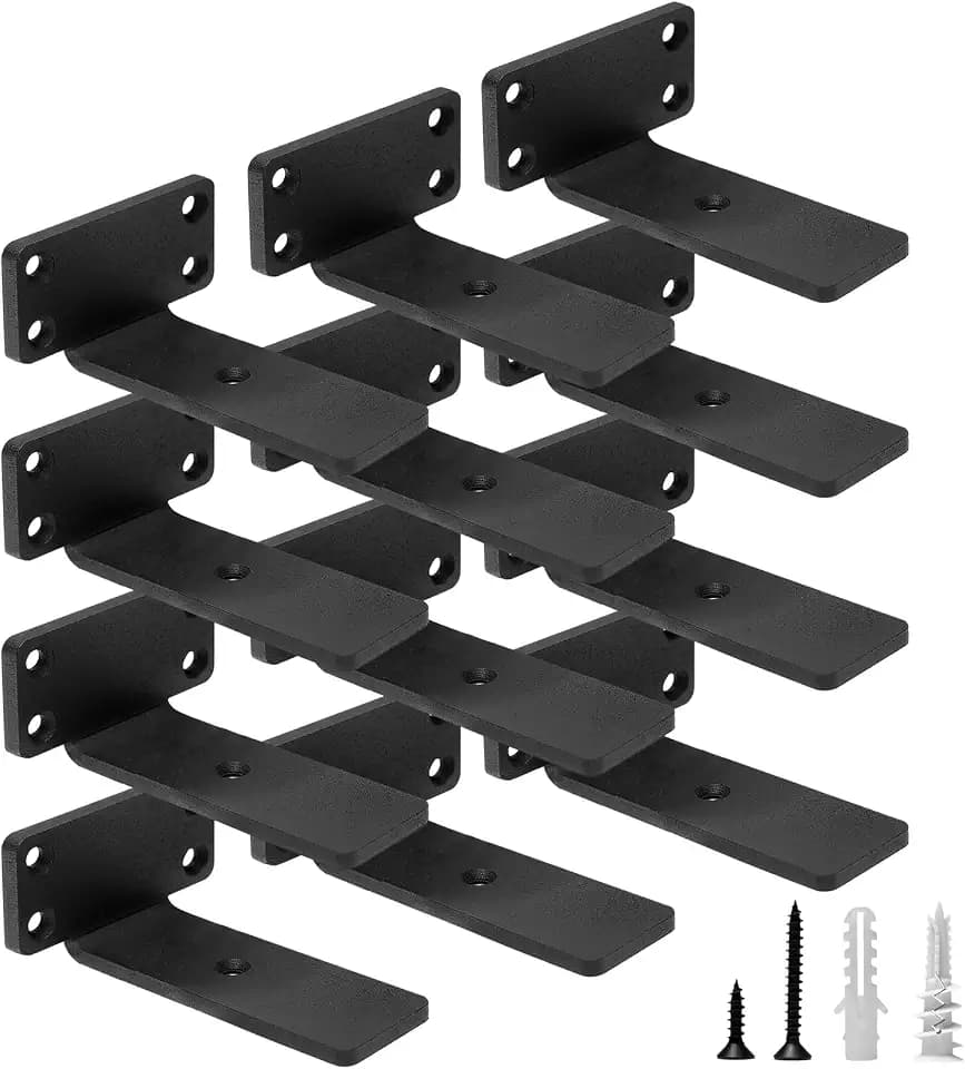 HITOMEN Heavy Duty Floating Shelf Brackets, 4-Inch (1/5'' Thick) Hidden Shelves Hardware, Iron L Brackets, Rustic Industrial Black Metal Wall Shelving Supports, 12 Pack