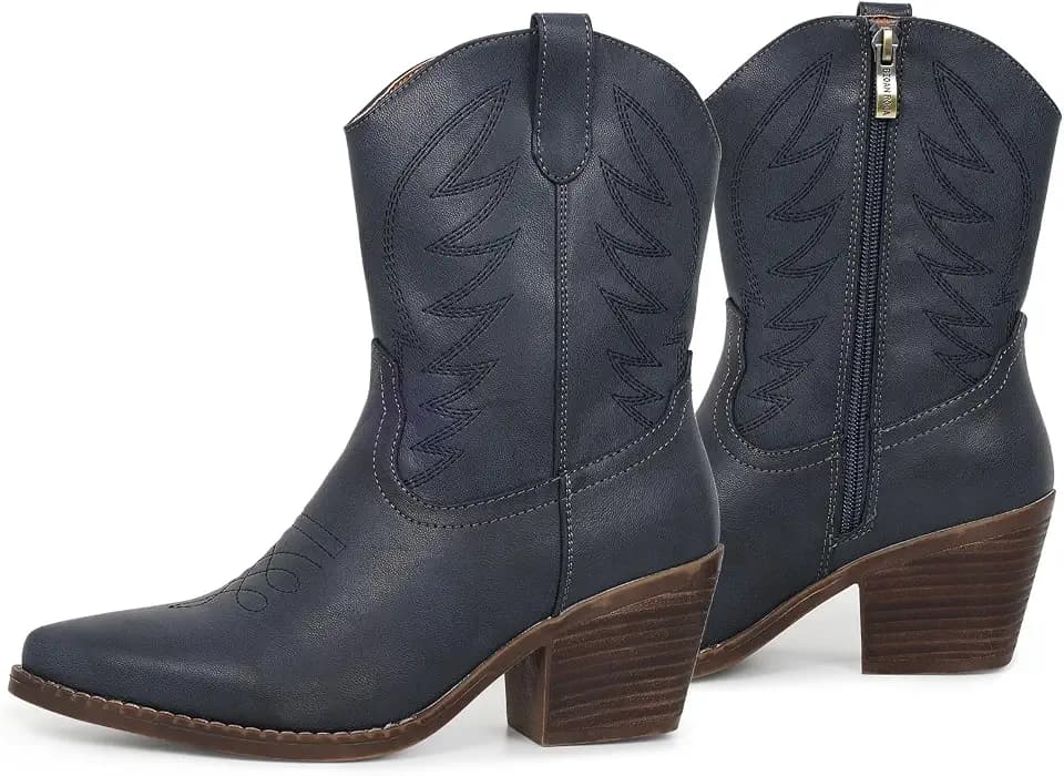 gioanroca Western Cowgirl Ankle Boot for Women with Embroidered Comfy Fashion Vintage Boot Wide Calf Horse Riding Pointed Toe Cowgirl Short Booties