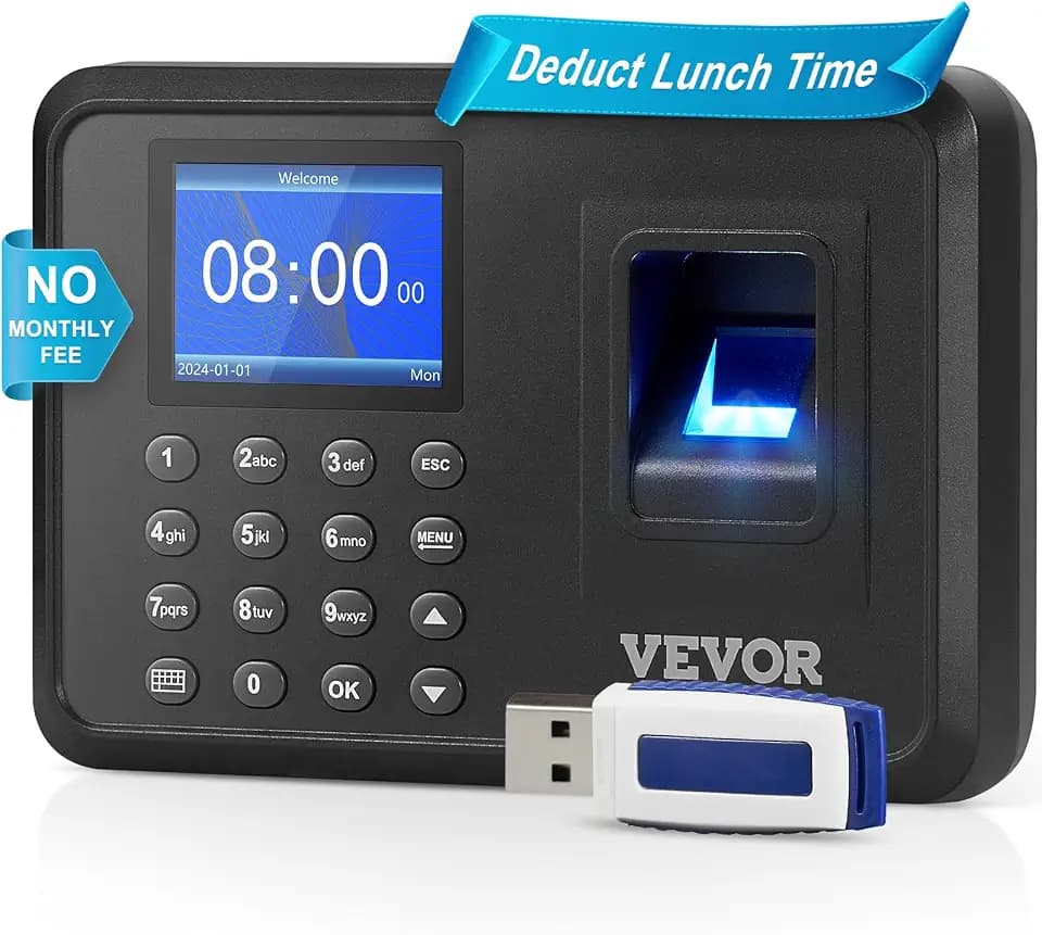 VEVOR Stempeluhr Arbeitszeiterfassungsgerät für Mitarbeiter mit Fingerabdruck & PIN-Eingabe, eigenständige biometrische Stempeluhr Check in Time Clock Schwarz Wandmontage Unterstützung von 12 Sprachen