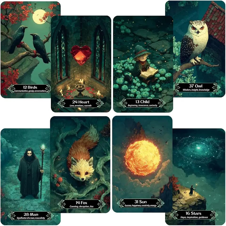 CRAFTERIAN Emerald Night Oracle Deck – 36 Lenormand Cards with 14 Bonus Cards, Emerald Foil Edges, Fantasy Oracle Artwork, Premium Cardstock, Gift Box