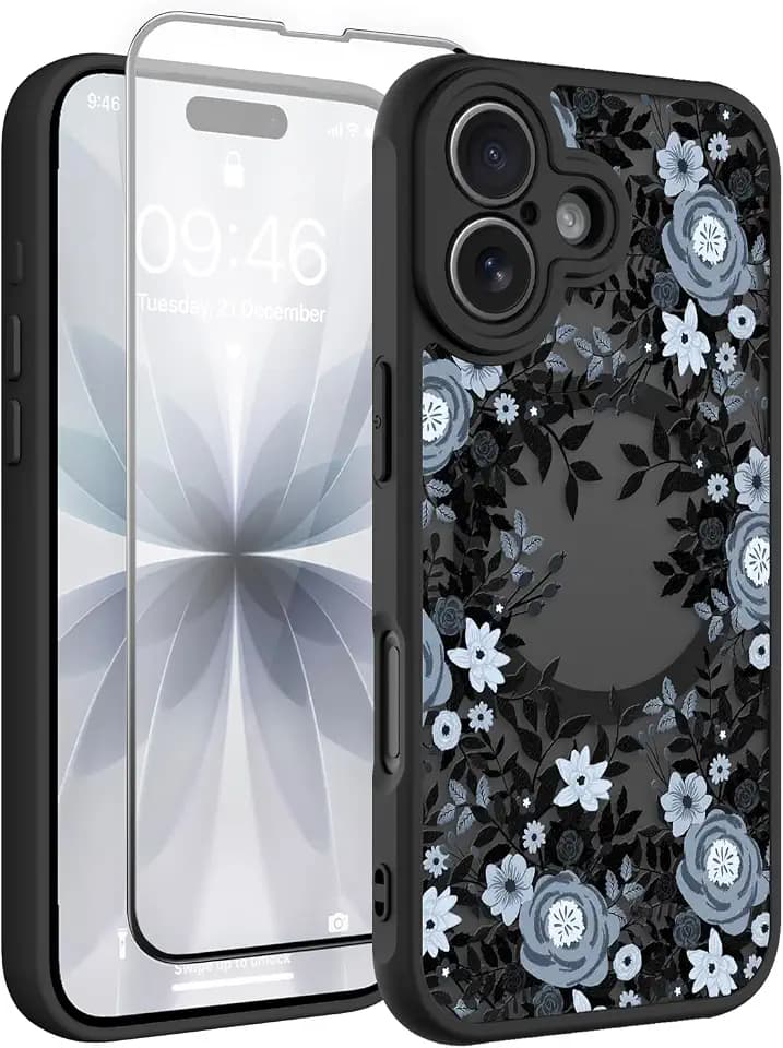 Magnetic for iPhone 17 Case with Screen Protector, Black Flower