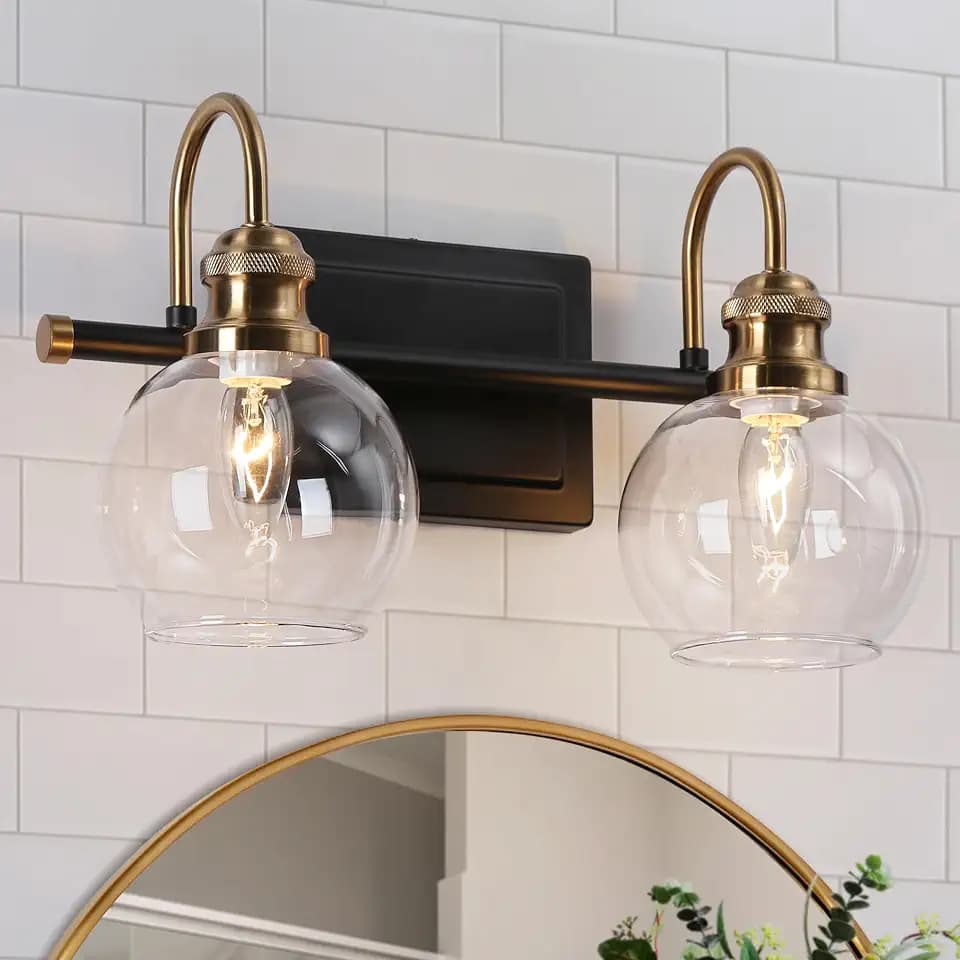 KSANA Black Gold Vanity Light, Modern 2-Light Bathroom Light Fixture with Clear Glass Globes, Electroplating Brass 14.5”L Vanity Lighting Over Mirror