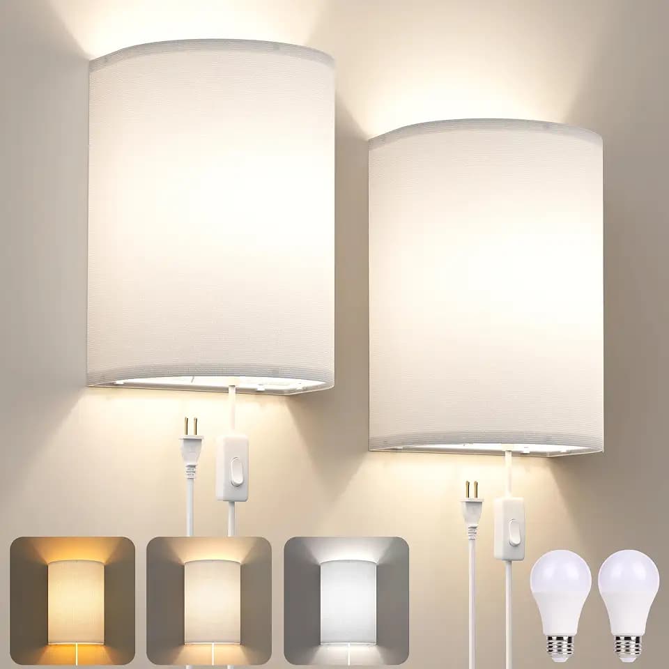 Yunaking Plug in Wall Sconces Set of Two Wall Lights with On/Off Switch