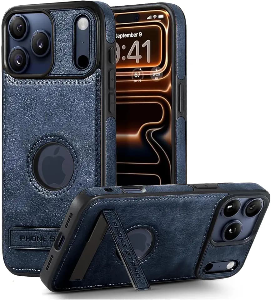 Leather Case for iPhone 17 Pro Max Case, Protective Slim with Kickstand Shockproof Phone Cases, Built-in Invisible Stand Compatible with iPhone 17 Pro Max 6.9'' (Blue)