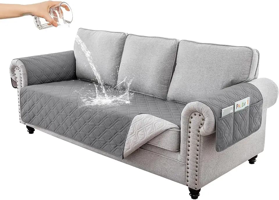 100% Wasserdicht Sofa überzug 3 Sitzer, rutschfest Sofabezug mit Tasche für Kinder, Haustiere, Hunde, Waschbare Sofaschoner,Grau,3 Seater