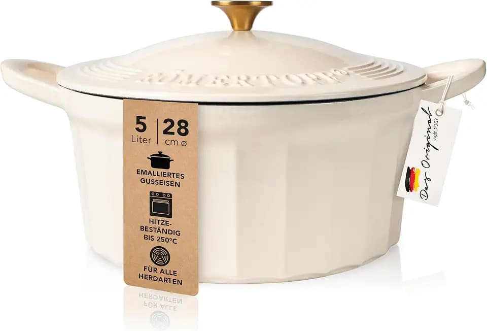 Römertopf Bräter Emaille Gusseisen Topf Schmortopf 28 cm Deckel, Creme