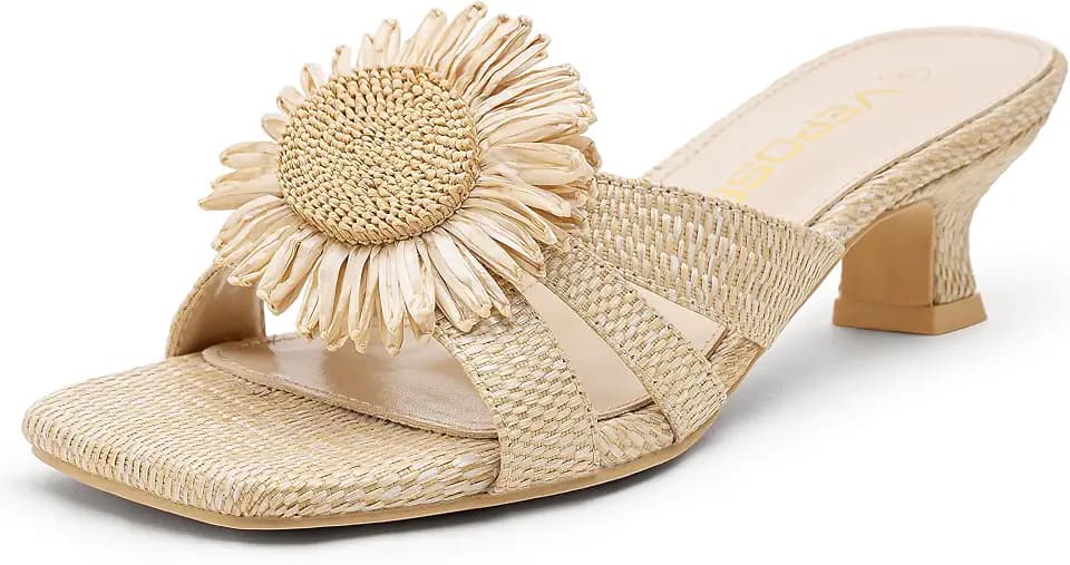 Vepose Women's Raffia Floral Heels Square Open Toe Beach Sandals