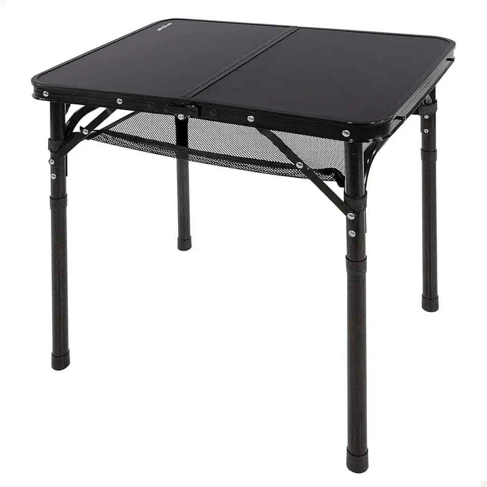 AKTIVE Kleiner Klapptisch, Schwarz, 60x45x27/56 cm, Höhenverstellbar, Anti-Rutsch-Stopper, Tragkraft 30 kg, Tragegriffe, Inkl. abnehmbarem Zusatznetz, Campingtische, Strand, Garten (63086)