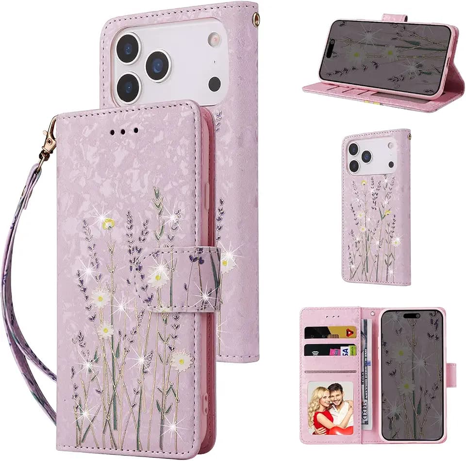 UEEBAI Wallet Case for iPhone 18 Pro Max/17 Pro Max, PU Leather Phone Cover Kickstand RFID Blocking Flip Case Card Slots Wrist Strap Engraved Pattern Magnetic Closure Flower Folio Wallet, Lavender
