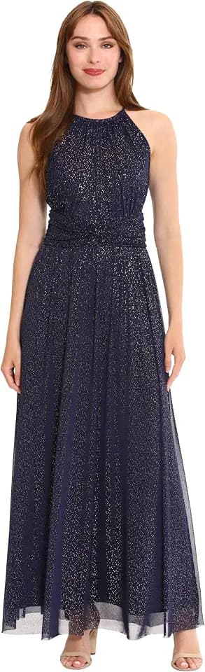 London Times Women's London Times Women's Dresses Mesh Halter Maxi with Ruched Waistband Event Guest of Occasion Garden Party