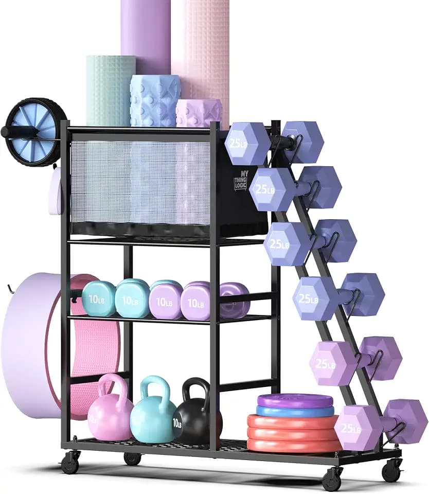 Mythinglogic Dumbbell Rack with Yoga Mat Holder and Wheels for Home Gym