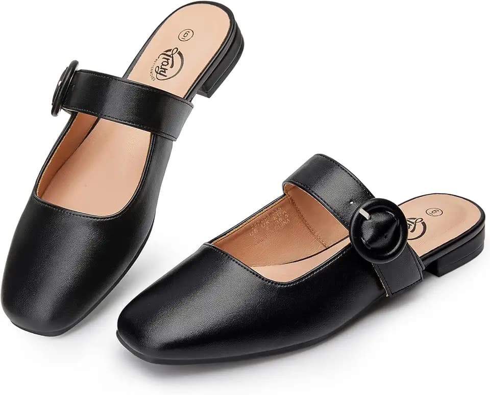 Trary Women Mary Jane Mule Flats Square Toe Slip On Adjustable Strap Shoes