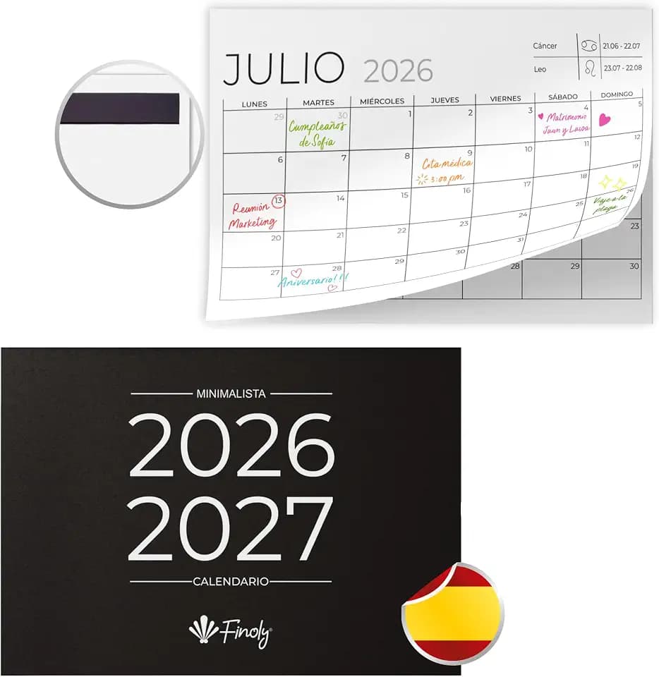 FinolyMagnetischer Kalender 2026 Januar 2026 bis Juni 2027 auf Spanisch (18 Monate) | Kalender Magnetisch Kühlschrank | Wandkalender 2026