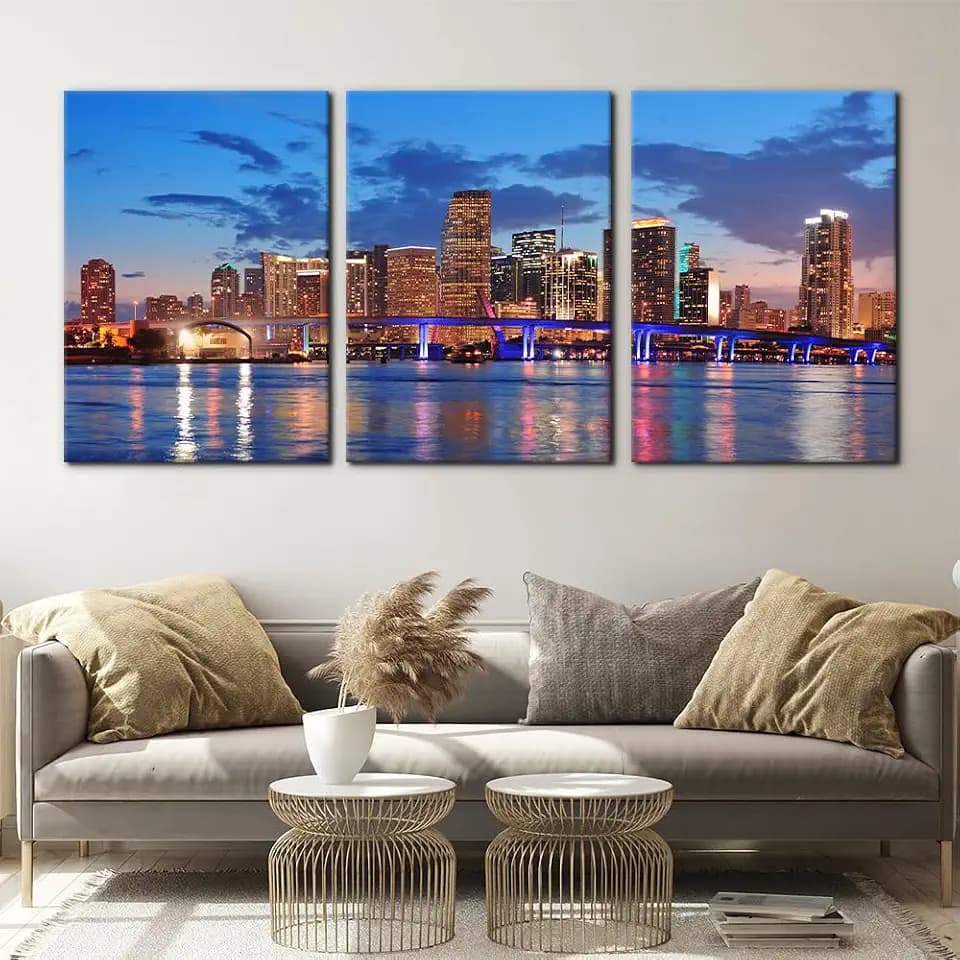3 Pieces Canvas Wall Art Miami Florida Cityscape & Skyline Pictures Prints City Poster Home Decor Modern Artwork for Walls Paintings Home Office Wall Decor Stretch Framed Ready to Hang - 20" x 28" x 3