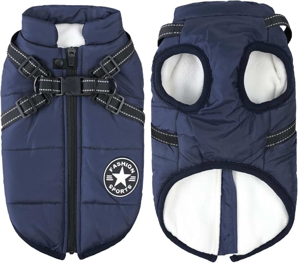 Aiboria Hundejacken für den Winter Winddicht Wasserdicht 2 in 1 Outfit Kaltwettermantel Hundewestengeschirr Welpen Winter Warme Jacke Kleines Blau M
