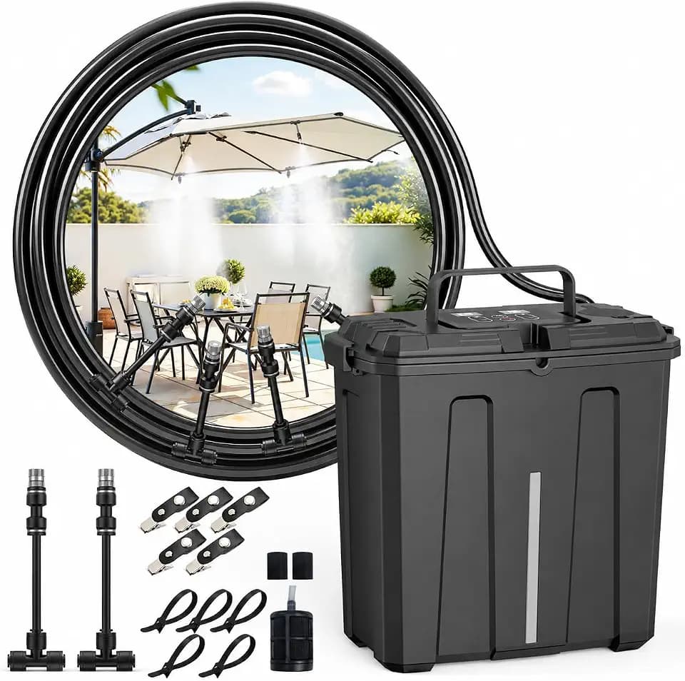 Ausic Portable Misting System, Outdoor Water Misters for Outside Patio Umbrella Cooling with Rechargeable Water Pump (Consecutive 8Hrs), 9L Bucket, 26FT Hose, for Tailgating, Camping, Canopy, Sport