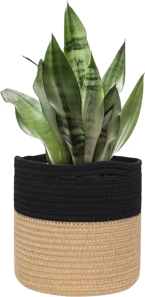 MEGASKET Wicker Plant Basket Indoor, 8"x8"x8" Jute Spliced Cotton Rope Basket Planter up to 7" Pot, Modern Woven Flower Tree Pots Cover, Small Floor Indoor Planters, Home Decor Storage Bin