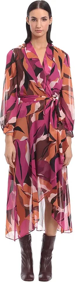 Donna Morgan Women's Donna Morgan Women's Dresses Faux Wrap Shawl Collar High-Low Dress with Waist Tie