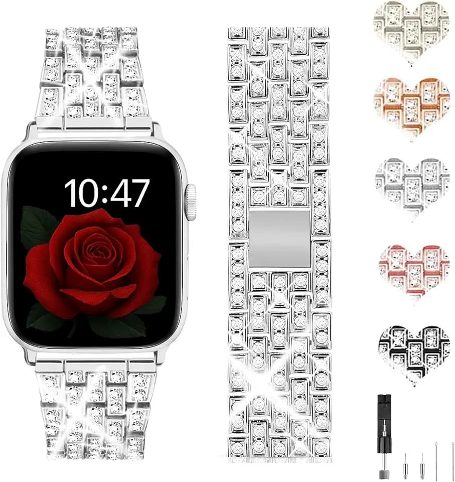 JJii Sung Bling Diamant Armband kompatibel mit iWatch 38mm 40mm 41mm 42mm 44mm 45mm 46mm 49mm, Damen Funkeln Schmuck aus Edelstahl Metall Armband für iWatch Serie Ultra SE 12 11 10 9 8 7 6 5 4 3 2 1