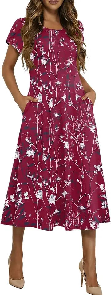 HOTOUCH Summer Dresses for Women 2026 Casual Midi Dress Petal Short Sleeve A Line Dress Pleated Flare Sundress