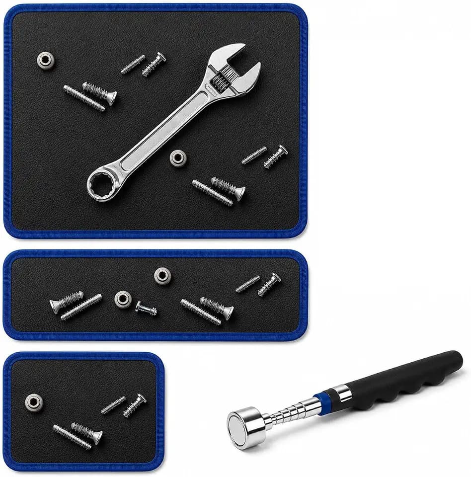 Magnetic Tool Mat Set, 4 Pack Tool Mat Set with Telescoping Pickup Tool | 40LB Strong Magnetic Mat for Tools | Screws & Parts Garage Workshop Organizer for Mechanics & DIY(Blue)