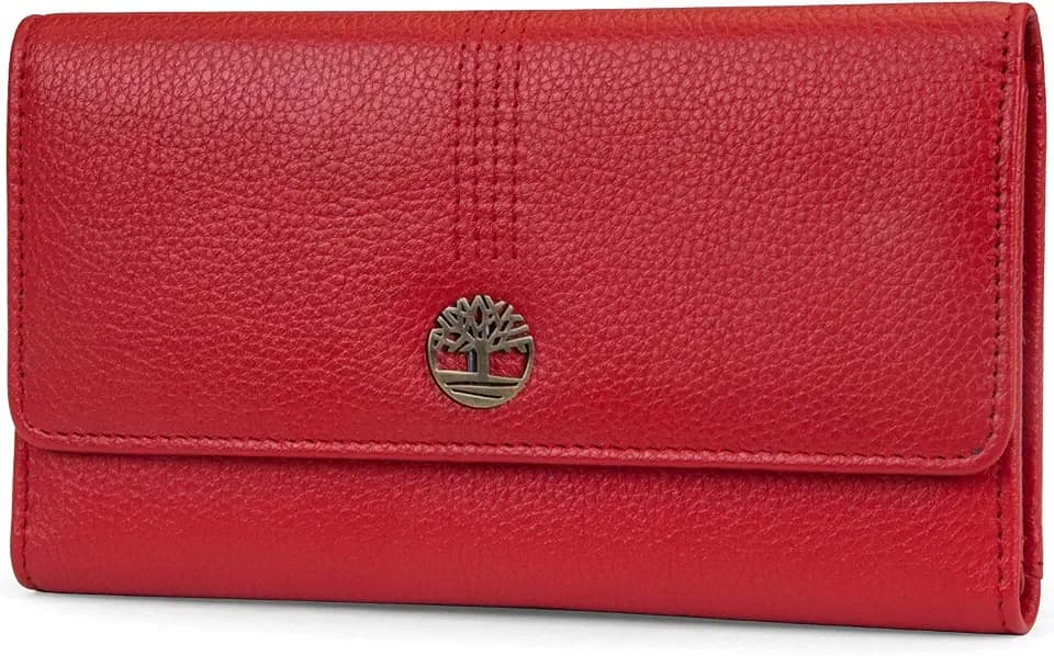Timberland Leather RFID Flap Wallet Clutch Organizer, Cherry (Pebble)