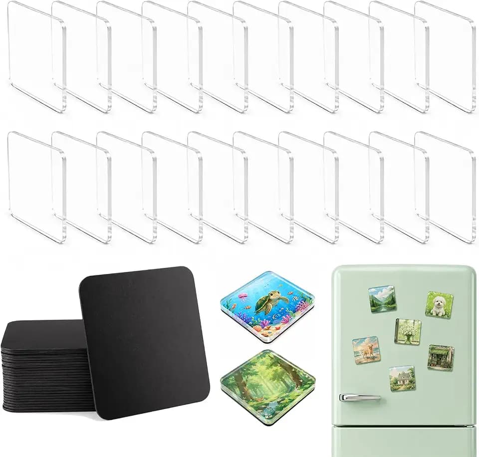 DIY Acrylic Fridge Magnet Kit - 20 Pack 2x2 Inch Clear Square Magnetic Photo Frames with Adhesive Backing for Crafts, Kitchen, Office Decoration