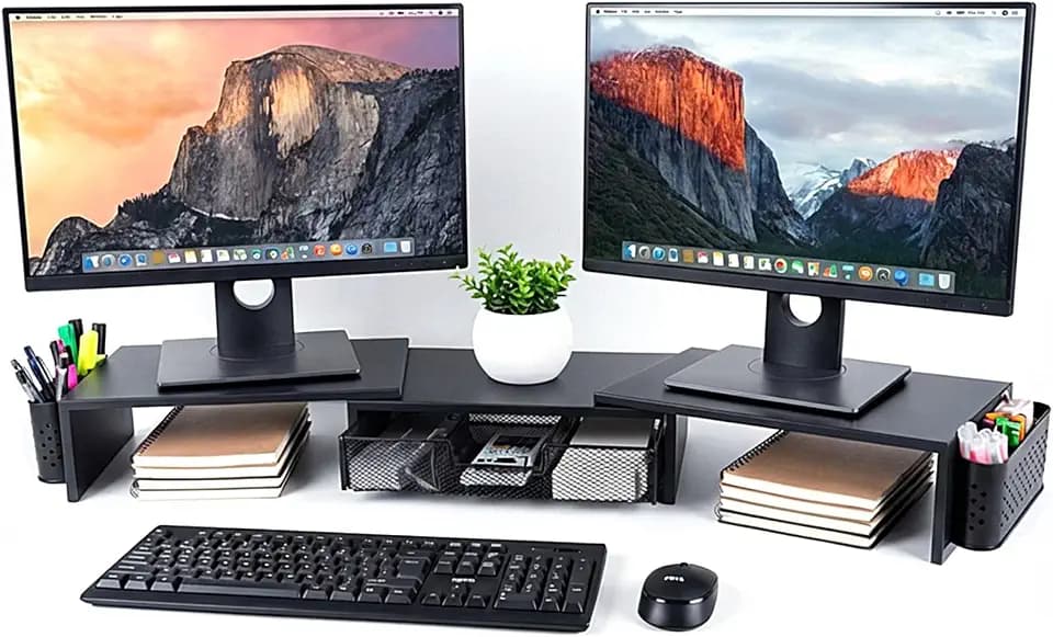 Kottwca Dual Monitorständer, Metall Monitor Stand mit Schublade und 2 Stifthaltern, Verstellbare Länge und Neigung, Monitor Erhöhung für Laptop, Computer, PC, Beamer, Drucker (Schwarz)