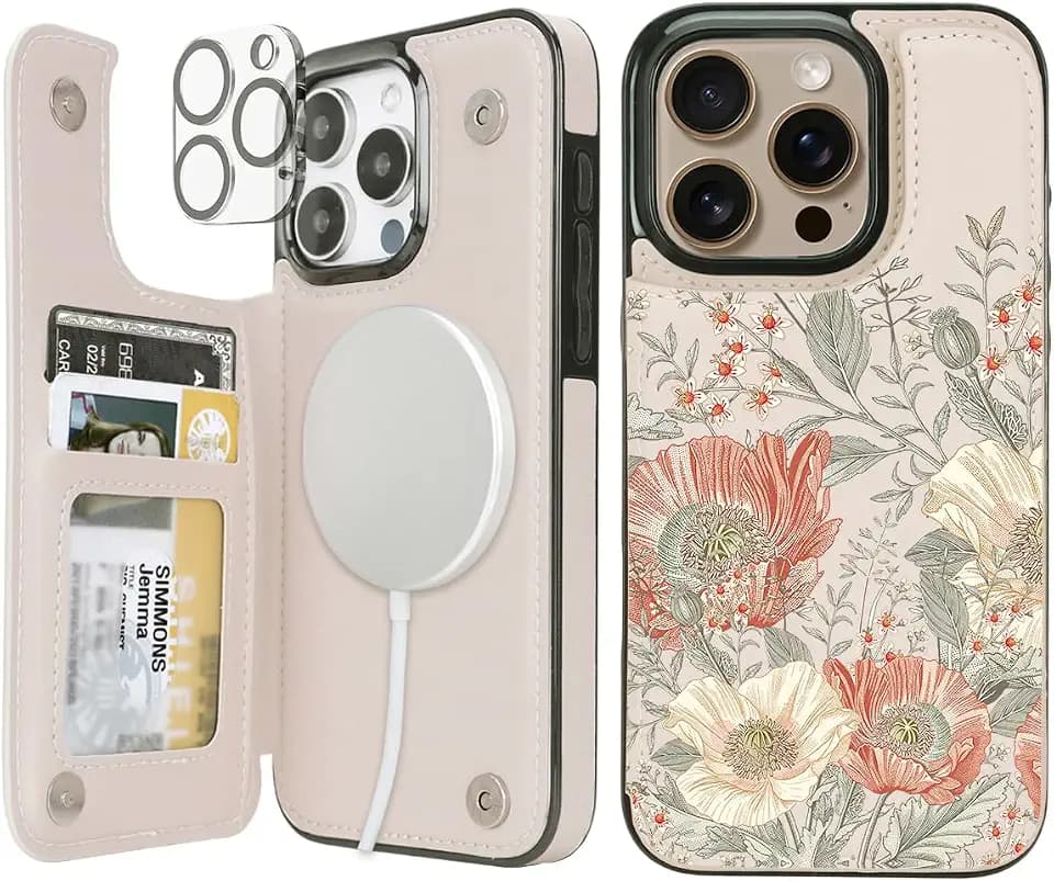 uCOLOR for iPhone 14 Pro Wallet Case with Card Holder Vintage Flowers