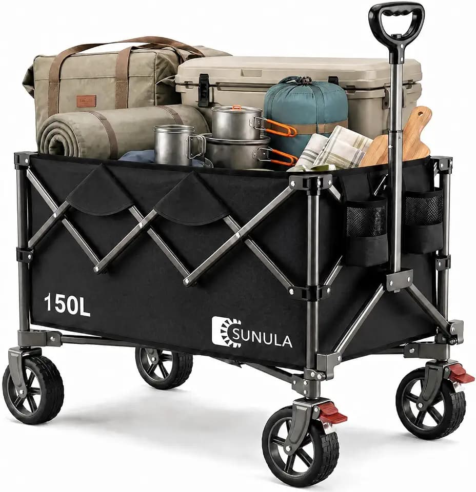 SUNULA Bollerwagen Faltbar 150L 120KG, Handwagen Geländegängig mit Bremsen