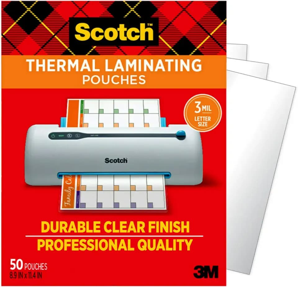 Scotch Thermal Laminating Pouches, 50 Pack Laminating Sheets, 3 Mil, 8.9 x 11.4 Inches, Education Supplies & Craft Supplies, for Use with Thermal Laminators, Letter Size Sheets