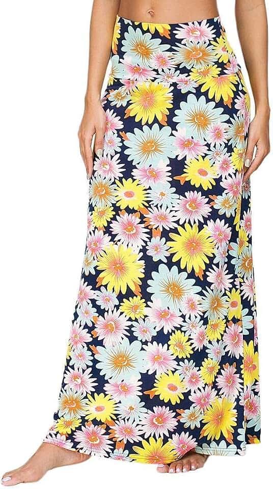 Exchic Maxirock für Damen, Bohemian-Stil, mit Druck, einfarbig, elastischer Taillenbund, lang
