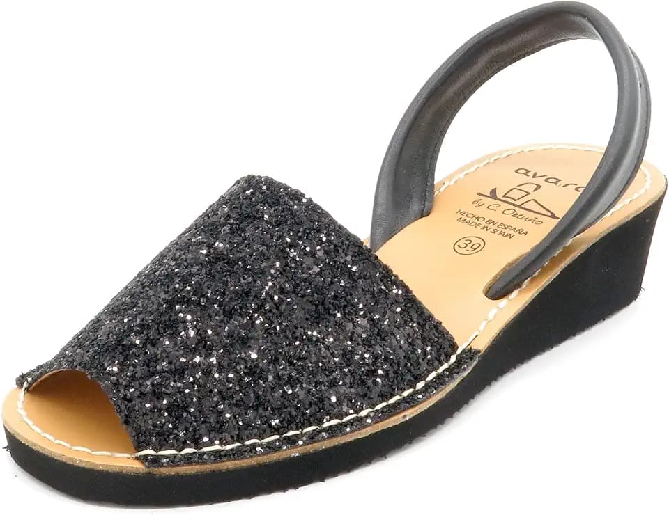 Avarca Damen Keilsandaletten Glitzer Sandalen mit Keilabsatz Abarca Menorquina Keilsandalen